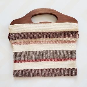 Wooden handle wool striped handbag purse c…